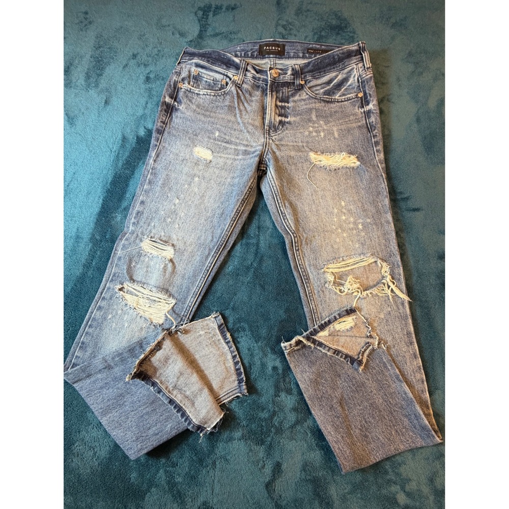 PacSun Men Skinny Distressed Jeans Blue Medium Wash Ankle Zip Denim 32x32 - Picture 2 of 3